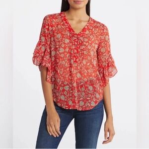 Vince Camuto Flutter Sleeve Henley Blouse in the "Passion Fruit"